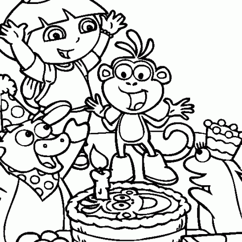 dessin de Dora,babouche,Tico,gateau,anniversaire