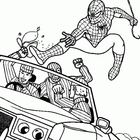 dessin de Spiderman,attaque,arrete,voiture,voleur