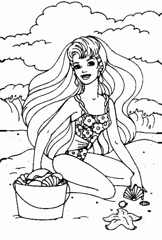 dessin de barbie,plage,sable,coquillage,vacances
