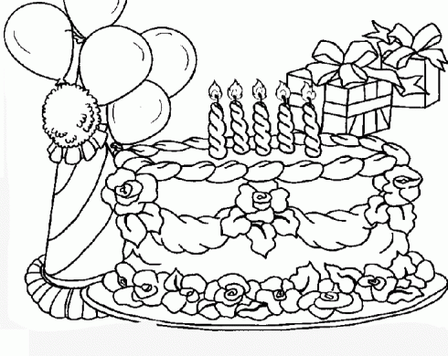 dessin de coloriage,anniversaire,gateau,ballon,cadeaux
