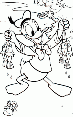 dessin de donald,canard,peche,poisson,bateau