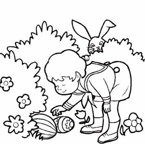 dessin de garcon,lapin,ramasse,oeufs,paques
