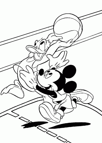 dessin de mickey,donald,jouer,basket,colorier