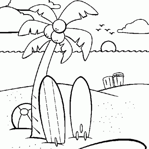 dessin de surf,plage,soleil,palmier,vacances