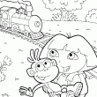 Un dessin de Dora l'exploratrice avec babouche. Un nouveau coloriage de Dora que yu peux peindre en ligne. Sur ce dessin de Dora il y a aussi un joli train  vapeur. Bon coloriage en ligne avec Dora.