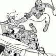 Un nouveau dessin de l'homme araigne Spider-Man  colorier en ligne. Sur cette image le super hros arrte une voiture de voleur de bijoux. Colorie ce dessin de Spiderman en ligne ou imprime ce coloriage sur une feuille de papier.